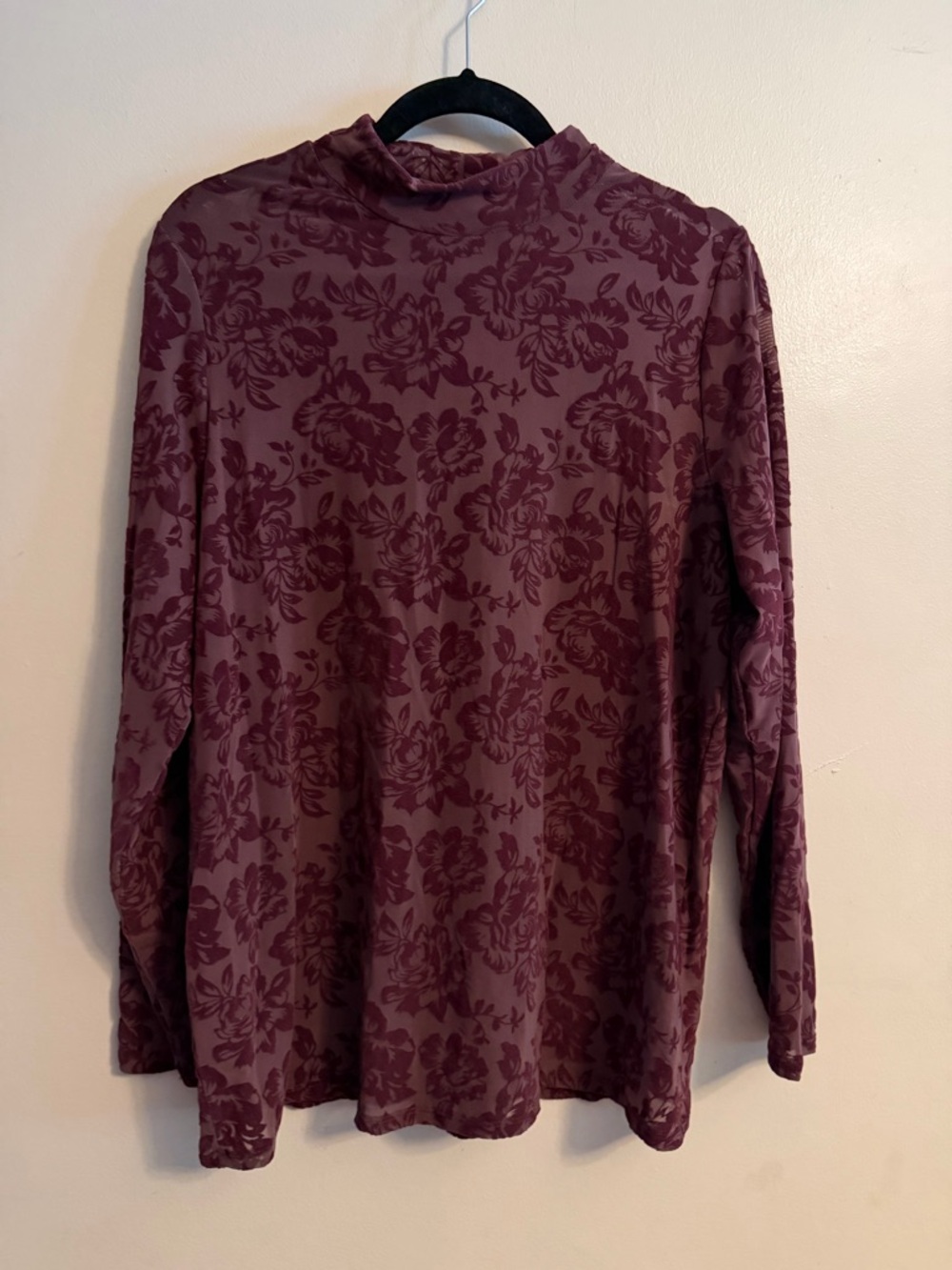 Long Sleeve Floral Mock Neck Top - Maroon